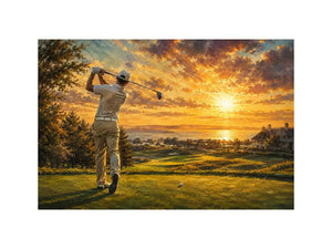 golf course scene with golfer driving beneath radiant golden sunlight