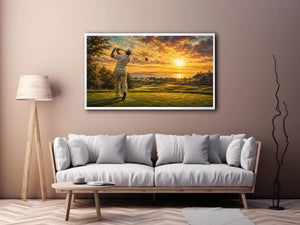 golf course scene with golfer driving beneath radiant golden sunlight