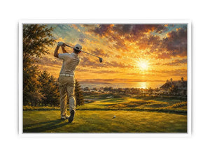 golf course scene with golfer driving beneath radiant golden sunlight