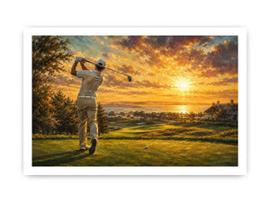 golf course scene with golfer driving beneath radiant golden sunlight