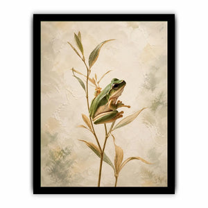 Minimalist botanical artwork featuring a delicate tree frog perched on soft natural stems