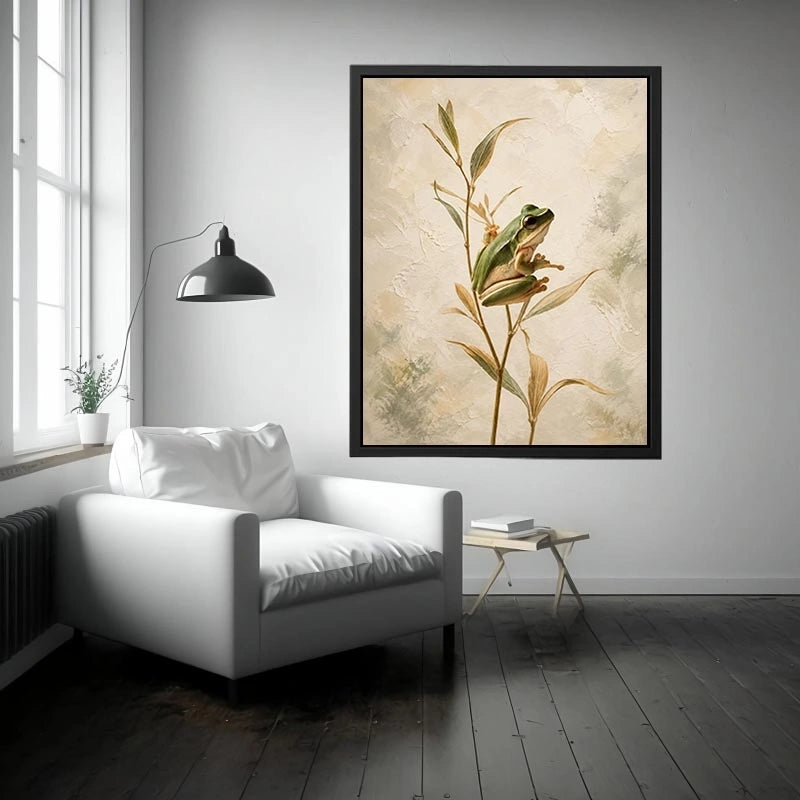 Minimalist botanical artwork featuring a delicate tree frog perched on soft natural stems