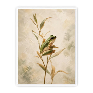 Minimalist botanical artwork featuring a delicate tree frog perched on soft natural stems
