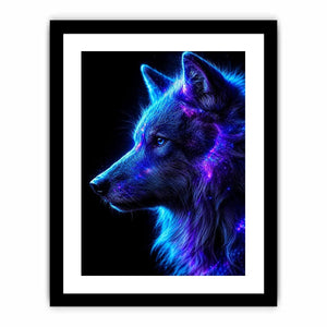 Neon cosmic wolf profile in blue and purple neon canvas art for modern luxury wall decor