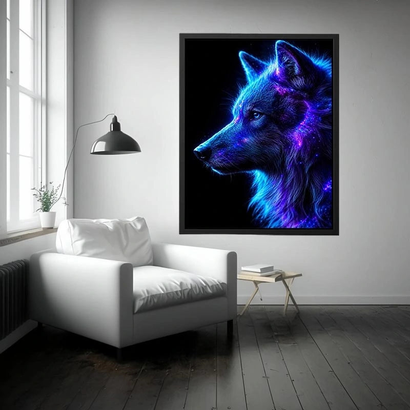 Neon cosmic wolf profile in blue and purple neon canvas art for modern luxury wall decor