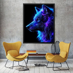 Neon cosmic wolf profile in blue and purple neon canvas art for modern luxury wall decor