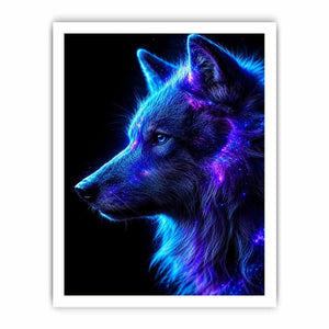 Neon cosmic wolf profile in blue and purple neon canvas art for modern luxury wall decor