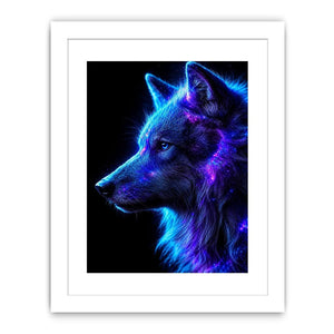 Neon cosmic wolf profile in blue and purple neon canvas art for modern luxury wall decor