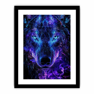 Glowing frontal wolf portrait with electric neon energy neon canvas art for modern luxury wall decor
