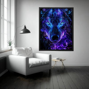 Glowing frontal wolf portrait with electric neon energy neon canvas art for modern luxury wall decor