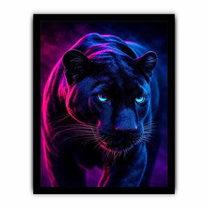 Black panther with neon pink and blue cinematic lighting neon canvas art for modern luxury wall decor