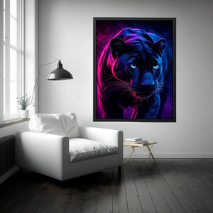 Black panther with neon pink and blue cinematic lighting neon canvas art for modern luxury wall decor
