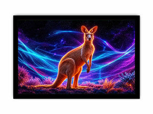 Cosmic kangaroo beneath vibrant neon waves neon canvas art for modern luxury wall decor