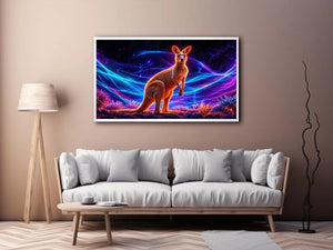 Cosmic kangaroo beneath vibrant neon waves neon canvas art for modern luxury wall decor