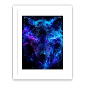 Mystic wolf emerging through blue and purple smoke neon canvas art for modern luxury wall decor