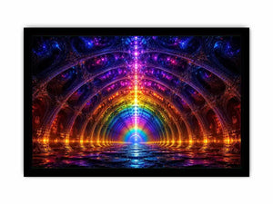 Rainbow futuristic tunnel with glowing architectural symmetry neon canvas art for modern luxury wall decor
