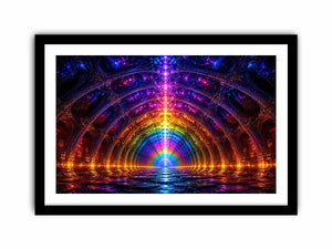 Rainbow futuristic tunnel with glowing architectural symmetry neon canvas art for modern luxury wall decor