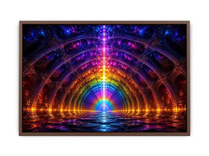 Rainbow futuristic tunnel with glowing architectural symmetry neon canvas art for modern luxury wall decor