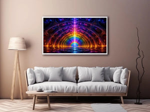 Rainbow futuristic tunnel with glowing architectural symmetry neon canvas art for modern luxury wall decor