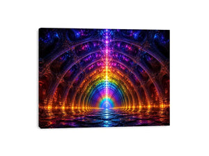 Rainbow futuristic tunnel with glowing architectural symmetry neon canvas art for modern luxury wall decor