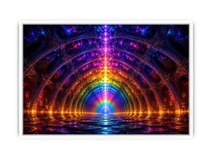 Rainbow futuristic tunnel with glowing architectural symmetry neon canvas art for modern luxury wall decor