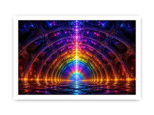 Rainbow futuristic tunnel with glowing architectural symmetry neon canvas art for modern luxury wall decor
