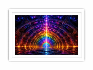 Rainbow futuristic tunnel with glowing architectural symmetry neon canvas art for modern luxury wall decor