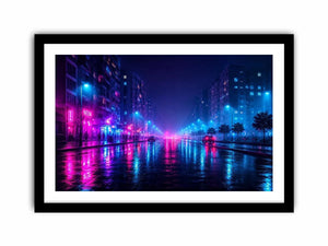 Rainy neon city street with cyberpunk reflections neon canvas art for modern luxury wall decor