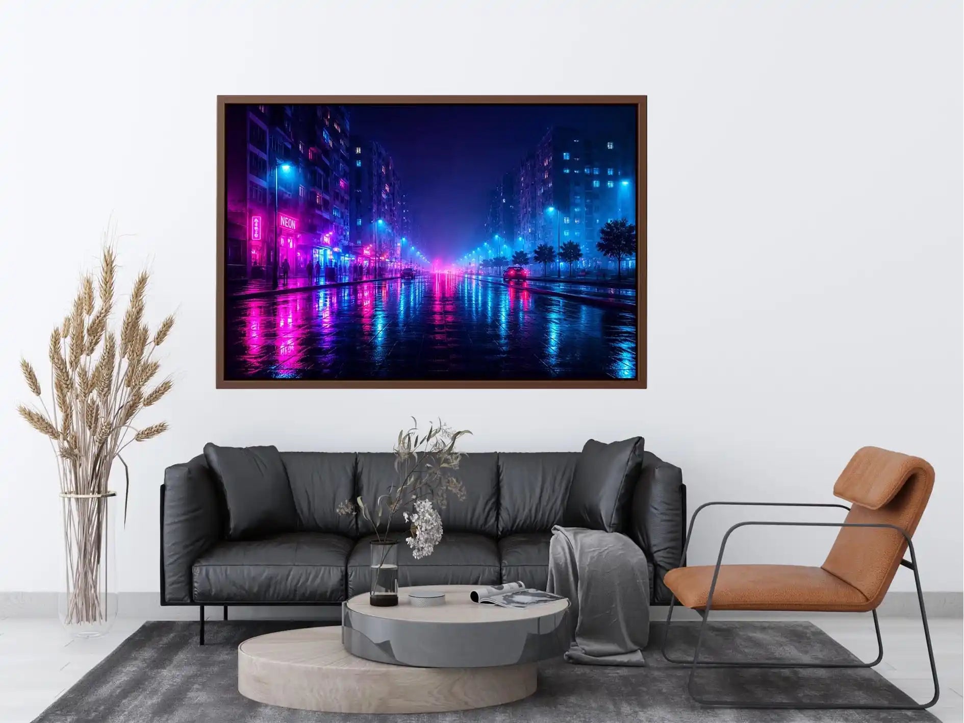 Rainy neon city street with cyberpunk reflections neon canvas art for modern luxury wall decor