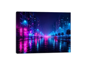 Rainy neon city street with cyberpunk reflections neon canvas art for modern luxury wall decor