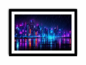 Futuristic neon skyline with rain reflections neon canvas art for modern luxury wall decor