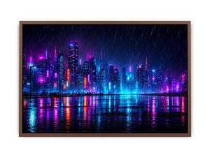 Futuristic neon skyline with rain reflections neon canvas art for modern luxury wall decor