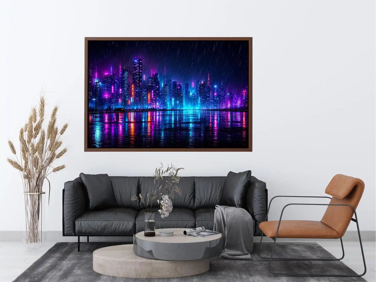 Futuristic neon skyline with rain reflections neon canvas art for modern luxury wall decor