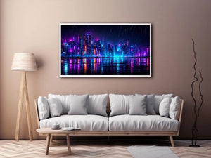 Futuristic neon skyline with rain reflections neon canvas art for modern luxury wall decor