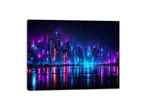 Futuristic neon skyline with rain reflections neon canvas art for modern luxury wall decor