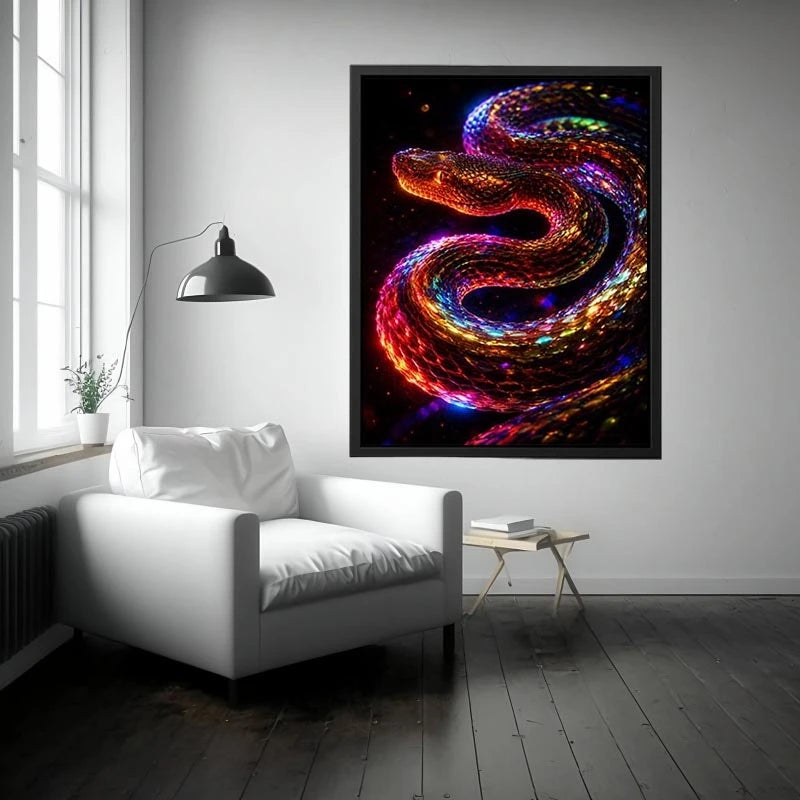 Neon cosmic serpent canvas art for modern living room decor