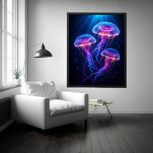 Three glowing jellyfish canvas art for modern living room decor