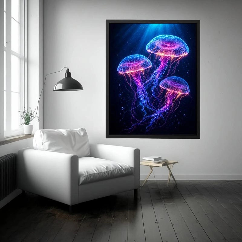 Three glowing jellyfish canvas art for modern living room decor