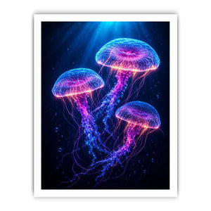 Three glowing jellyfish canvas art for modern living room decor