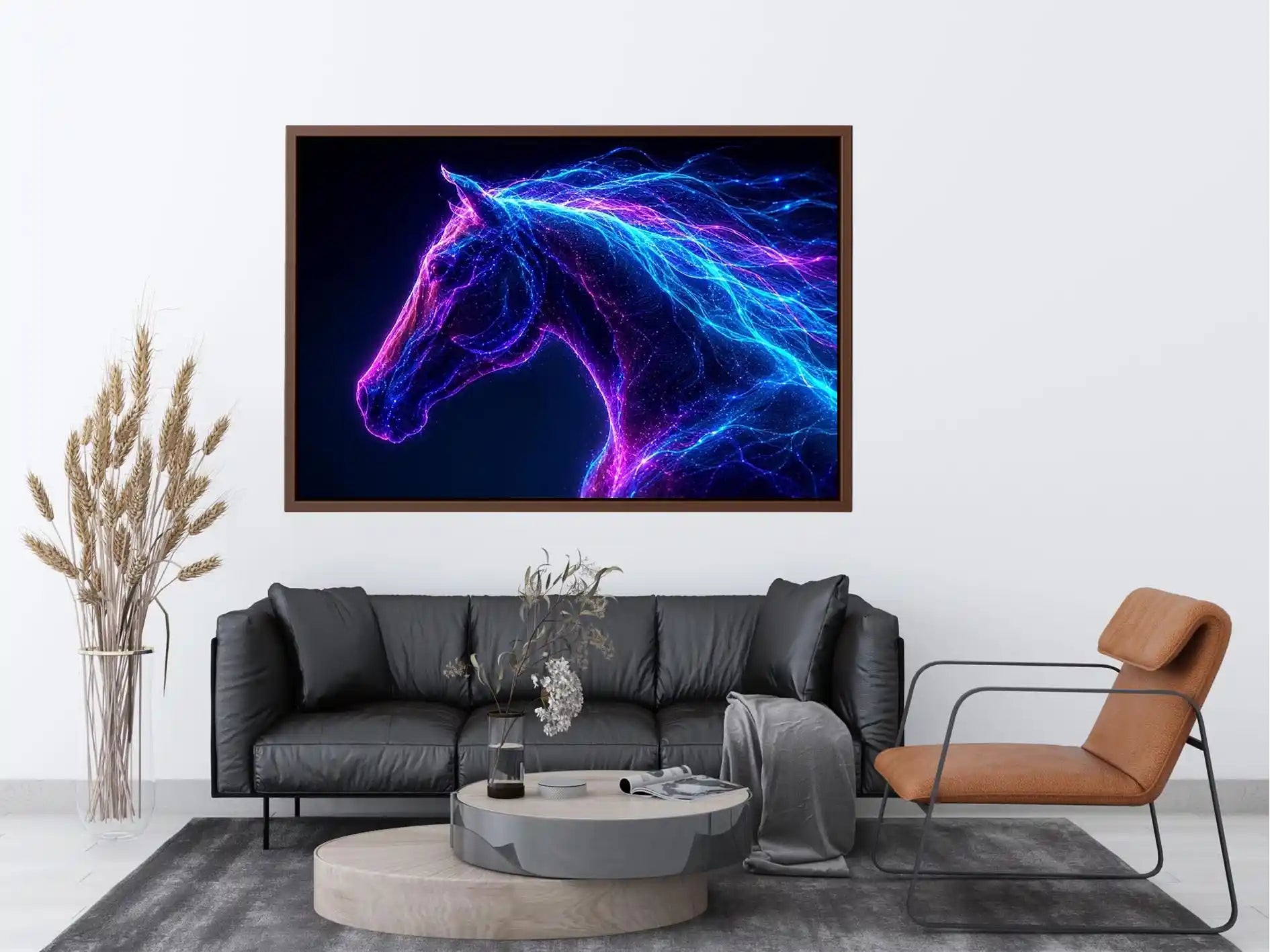 Neon unicorn portrait canvas art for modern living room decor