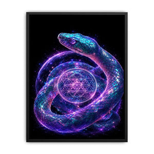 Surreal glowing snake canvas art with sacred geometry for modern luxury living room decor.