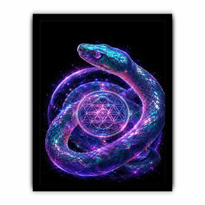 Surreal glowing snake canvas art with sacred geometry for modern luxury living room decor.
