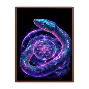 Surreal glowing snake canvas art with sacred geometry for modern luxury living room decor.