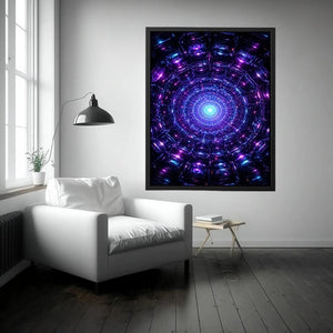 Futuristic neon tunnel canvas art for modern gaming room and luxury office decor.