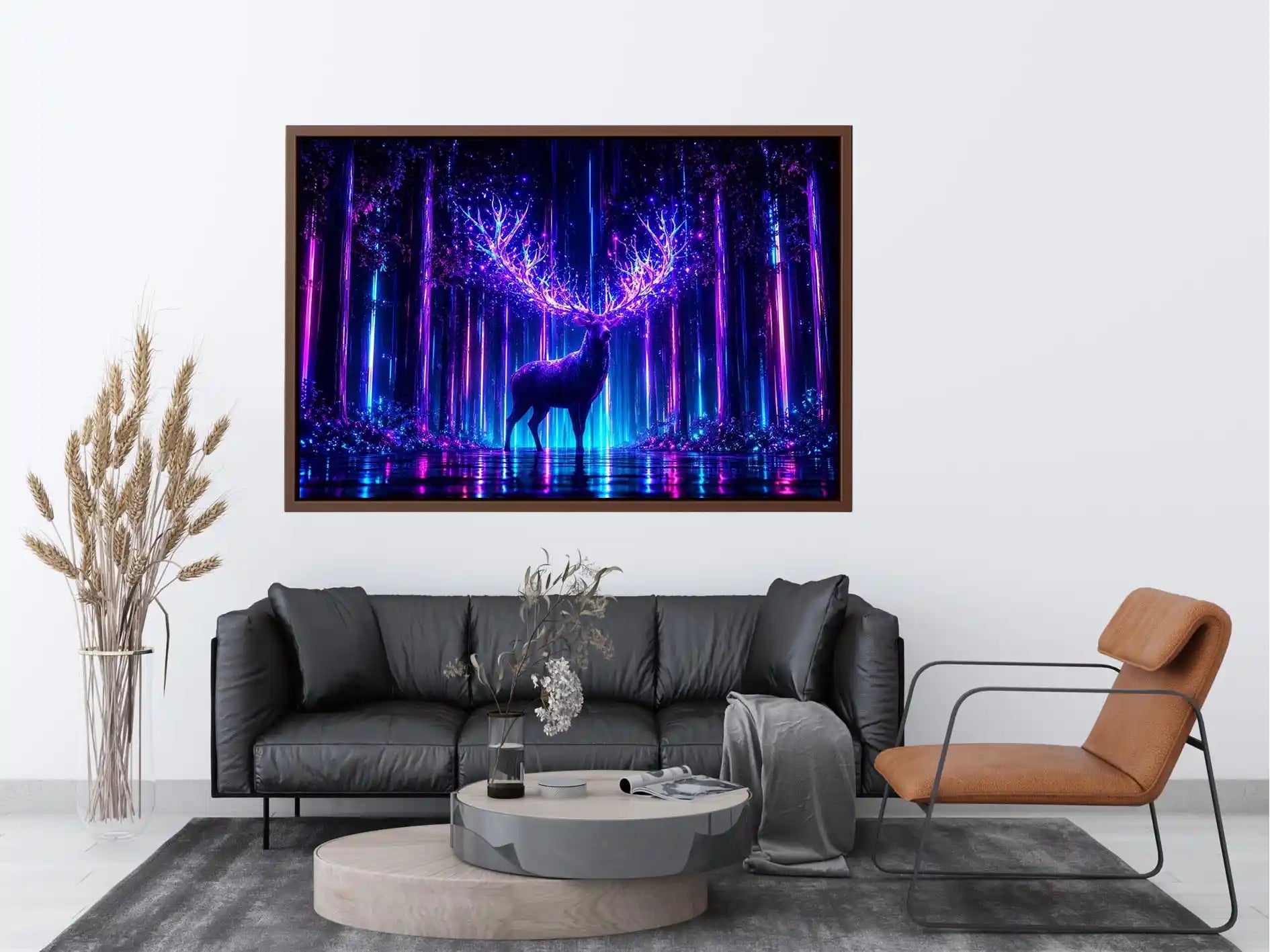 Futuristic glowing deer canvas art for modern living room and gaming room decor.