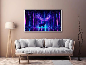 Futuristic glowing deer canvas art for modern living room and gaming room decor.