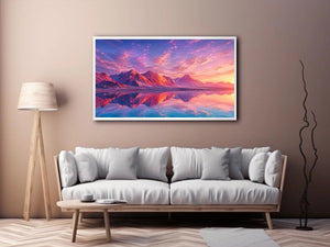 Pastel mountain landscape canvas art for modern bedroom and minimalist living room decor.