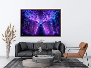 Mystical glowing stag canvas art for modern living room and fantasy inspired luxury wall decor.