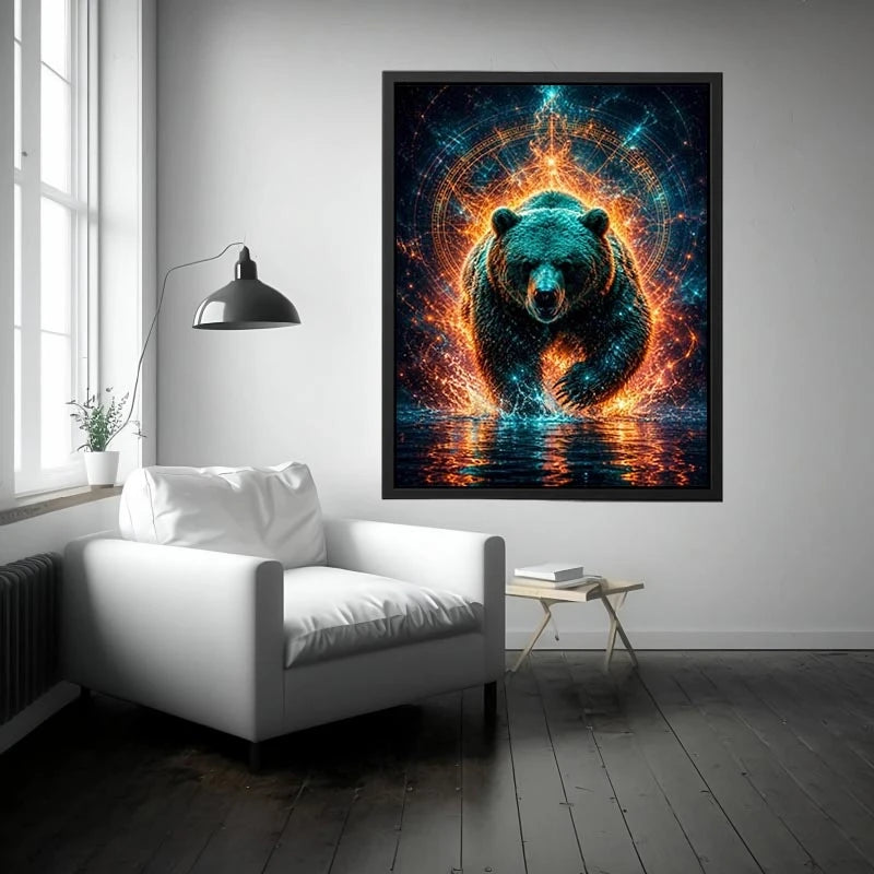 Surreal glowing bear canvas art for modern office and luxury living room wall decor.