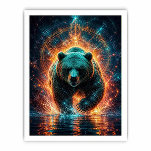 Surreal glowing bear canvas art for modern office and luxury living room wall decor.